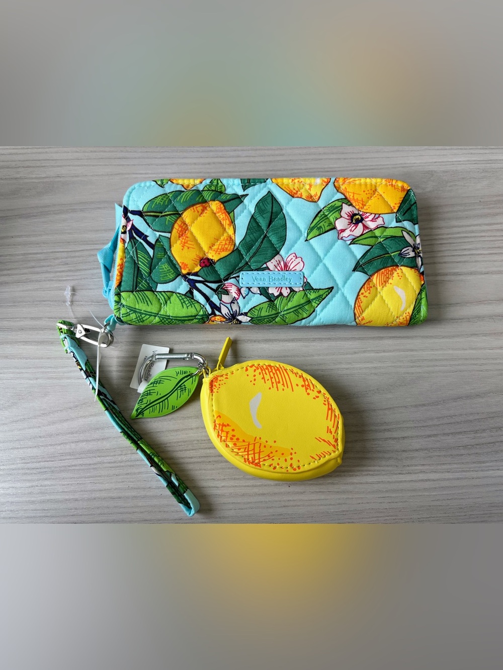 Vera Bradley Aqua Lemon Print Quilted Wristlet with Lemon Coin Pouch